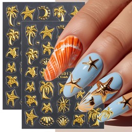 2 Sheets Gold Nail Stickers for Nail Art 5D Self-Adhesive Embossed Coconut Tree Starfish Nail Art Stickers Sun Moon Ocean Turtle Seashell Nail Design Cute Summer Beach Nail Decals for Women