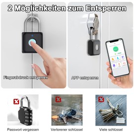 Fingerprint Lock, Anweller Smart Lock with Bluetooth, Padlock Fingerprint, Lock with Fingerprint, Small for Gym, Office, Home, Garden, Cupboard and Much More
