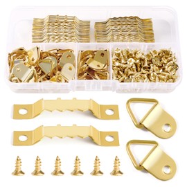 YIXISI 100 PCS Picture Hanging Kit, Picture Frame Hangers, Sawtooth Photo Frames Hooks, Triangle Ring Hanger, Picture Hangers with 150 Screws, for Picture Photo Frame Hanging Home Decoration, Gold