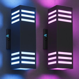 iYogaled RGB Dusk to Dawn Outdoor Wall Lights, 2 Pack Front Porch Light Fixtures, Square Color-Changing Outdoor Wall Sconce with E26 Base, IP65 Waterproof Up and Down Lights Outdoor Sensor Light