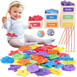 GAGAKU Montessori Toys for Kids,48 Pcs Wooden Magnetic Fishing Game for Toddlers 3-8 Years Educational Shape & Color Sorting for Kid 3-5 Boy Girl Preschool Learning Motor Skill Matching Activities
