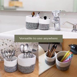 VIVERIE Boho Decor Pencil Holder for Desk (Set of 2) - Multi-purpose Small Handwoven Cotton Basket, Make Up Organizer Storage, Autumn Decor, Christmas Gifts, Fall Decorations, University Gifts