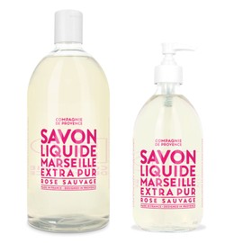 Compagnie de Provence Savon de Marseille Extra Pure Liquid Soap - Wild Rose - 16.9 Fl Oz Glass Pump Bottle and 33.8 fl oz Plastic Bottle Refill