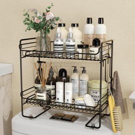 Johamoo Over The Toilet Storage, 2-Tier Bathroom Organizer Shelves, Multifunctional Bathroom Storage Rack with 4 Sucktion Cup, No Drilling Space Saver with Hooks, Upgrade Non-Adhesive, Black