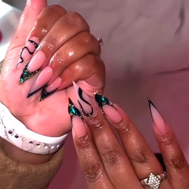 Long Stiletto Press on Nails French Tip False Nails Almond Fake Nails with Green Rhinestones Charm Artificial Nails Glossy Stick on Nails Cute Glue on Nails for Women 24pcs