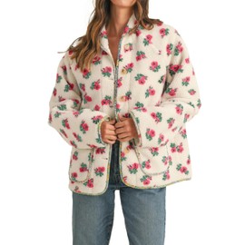 Dqbeng Womens Floral Print Sherpa Fleece Jackets Fuzzy Button Down Coat Warm Outwear with Pockets (Cream-L)