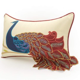 vctops Elegant Embroidered Peacock Decorative Throw Pillow Case Silky Satin Cushion Cover Red3 12"X20"