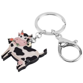 BONSNY Acrylic Sweet Flower Cow Dairy Cattle Keychains Key Ring Car Purse Bags Farm Animal Lover Gifts