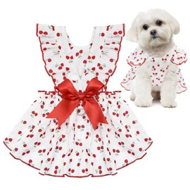 CuteBone Cotton Dog Dress Cherry with Leash Ring & Sleeve Ruffles, Soft & Breathable, Stylish Pet Clothes Outfit for Small Dogs, Comfortable & Easy to Wear CFX01M