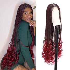 Kalyss Full Double Lace Front Braided Wigs for Women Knotless Box Braided Wig With Curly Ends Human Hair Blended Long Burgundy Red Braided Wigs with Baby Hair 36"