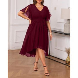 Talisea Burgundy Plus Size Dresses Formal Wedding Guest Cocktail Fall Bridesmaid Chiffon Short Sleeve High Low Dress Curvy Women