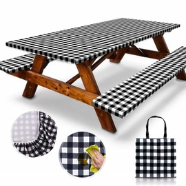 RNOONY 8ft Polyester Picnic Table Cover with Bench Covers Windproof & Waterproof Tablecloth, Perfect for Camping Gifts & RV Essentials, Cool Camping Gadgets with Carrying Bag, 96x30 Inches,4Pcs Black