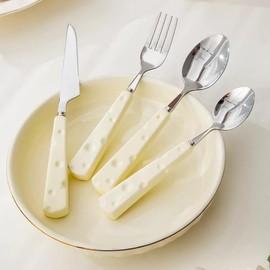 4Pcs Silverware Set, Cute Stainless Steel Flatware Cutlery Set with Cheese-shaped Ceramic Handle Dishwasher Safe Kitchen Dinnerware Set Include Knife/Fork/Spoon/Coffee spoon