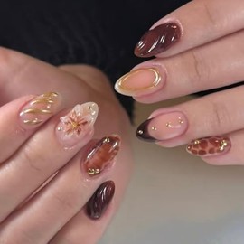 Uñas postizas medianas almendradas con punta francesa, 30 piezas hechas a mano con flores 3D, diseños en relieve con líneas doradas, uñas postizas nud