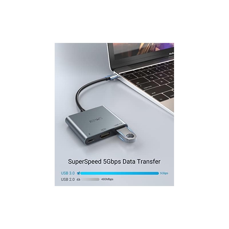 JESWO Adaptador USB C a HDMI, 3 en 1 Adaptador