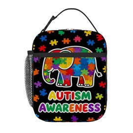Kids Insulated Lunch Bag Autism Awareness Boys Lunch Boxes for School Waterproof Lunchbox with Water Bottle Holder, Girls Reusable Portable Lunch Tote for Camp Hiking Beach Picnic(Elephant)