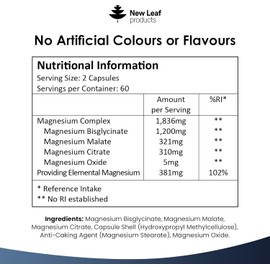 Magnesium Glycinate 4-in-1 Complex 1836mg – 381mg Elemental Per Serving – High-Strength Magnesium with Bisglycinate, Citrate, Malate, Oxide – 120 Vegan Capsules – UK Manufactured by New Leaf