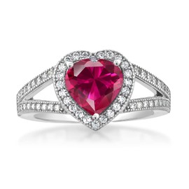 Gem Stone King 925 Sterling Silver Red Created Ruby and White Moissanite Ring For Women (2.41 Cttw, Gemstone July Birthstone, Heart Shape 8MM, Available In Size 5,6,7,8,9)