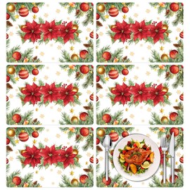 Tarklanda Christmas Poinsettia Bells Placemats Set of 6 Washable Vinyl Table Mats 11 x 15.7 Inches Watercolor Xmas Pine Tree Decorative Plastic Place Mat for Kitchen Dining Birthday Wedding Party