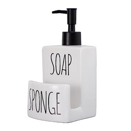 Ceramic Dish soap Dispenser with Sponge Holder Hand and Dish Soap Dispenser Set for Kitchen 2-in-1 Countertop Soap Pump Dispenser for Kitchen Sink, Useful Kitchen Gadgets - Modern Farmhouse White