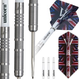 Unicorn Darts Set | James 'The Machine' Wade | 90% Natural Tungsten Barrels with Tactile Sandblasted Grey Ring Accents | Durable Stunning Ultrafly Flights | Steel Tip Volute Points | 23 g