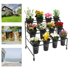 Uphilltool 3 Tiers Black Flower Display Stand With 12 Black Plastic Buckets, Heavy Duty Moving Plant Cart Shelf Metal Plant Stand Flower Stand Shelf Flower Shelf Display Stand with 4 Wheels (Black)