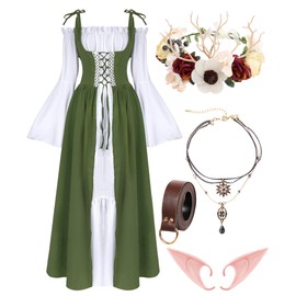 VillbeCoser Renaissance Dresses Medieval Costume for Women Flower Crown Elf Ear Choker Necklace Leather Belt Fairy