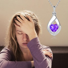 925 Sterling Silver Cremation Jewelry CZ Heart Teardrop Urn Necklace for Ashes Keepsake Urns Pendant Memorial Jewelry Gifts (Amethyst)
