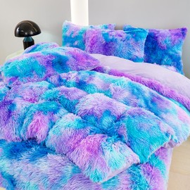 SUCSES Plush Shaggy Bedding Duvet Cover Set for Teens Girls, 3Pcs Faux Fur Fluffy Velvet Comforter Cover Set, Blue Purple Tie Dye Furry Bed Sets for Kids Teens (Blue Purple, Full)