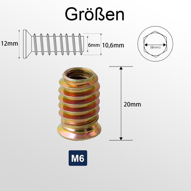 ORTAVA Screw Nut M6, Pack of 20 Threaded Insert Wood