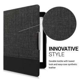 kwmobile Case Compatible with Kobo Aura ONE - PU Leather and Canvas e-Reader Cover - Anthracite/Black