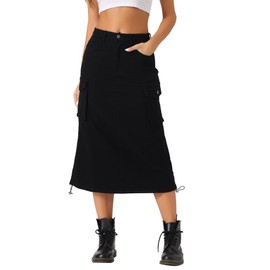 Allegra K Cargo Skirt for Women's Y2K Adjustable Casual A-Line Midi Long Denim Skirt Large Black