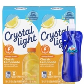 Crystal-Light On The Go Drink Mix - Two (2) Pack of 10pck/0.13oz Pouches - Sugar-Free, Low-Calorie Refreshment Anytime, Anywhere and Candy Freezer Collapsible Water Bottle (Caffeine Classic Lemon) Bottle