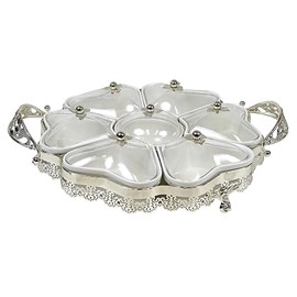 Persian Iranian Armenian Middle Eastern Turnkish Arabic 7-Sectional Salsera Heart Love Round Shaped Serving Tray Chips Guacamole Nuts Condiment Server Traditional Ceramic W/Glass Metal Tops Silver