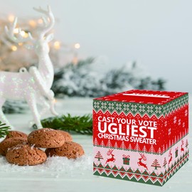 sunepany Christmas Ugly Sweater Game Box Ugly Sweater Contest Ballot Box with Slot Raffle Boxes Ugly Sweater Voting Box with 50 Pcs Voting Cards for Ugly Sweater Party Games Decorations