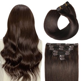 SUYYA Clip-In Real Hair Extensions, Salon Remy Human Hair Extensions, Straight Straight Hair Extensions, Clip, Double Stitched, 20 Inches, 50 cm, 7 Pieces, 80 g, #2 Dark Brown