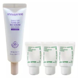 Innisfree 이니스프리 데일리 유브이 톤업 노세범 선크림 50ml (라벤더)+히알루론산 크림 15mlx3개 Innisfree Daily UV Tone-Up No-Sebum Sun Cream 50ml (Lavender) + Hyaluronic Acid Cream 15ml x 3