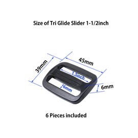 BOSWOAK Tri glide Sliders 1 1/2 Inch Plastic Tri Glide Slides Adjustable Slide Buckle Strap sliders Adjusters for Backpack Belt Strap Black, Black, 1.5inch