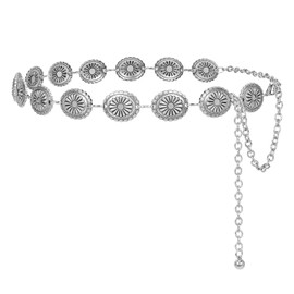 LEACOOLKEY Women Western Concho Metal Chain Belt Cowgirl Boho Waist Belt for Dress Jeans,Silver
