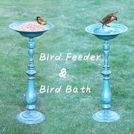 AIHAOKAN 27.17”H Antique Pedestal Bird Bath,Bird Baths for Outdoors, Metal Bird Bath Bird Feeder Seed Tray for Garden Yard Decor (Retro Blue Green)