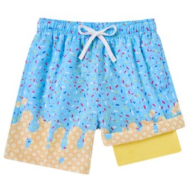 Swim Shorts for Teens Kids Blue Swimming Trunks Boys Board Shorts Ice Cream Bathing Suits with Compress 14T 15T 16T Youth Quick Dry Swimwear Boy Holiday