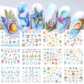 Summer Nail Art Stickers 12 Sheets Seashell Starfish Water Transfer Nail Foils Decals Jellyfish Shells Sea Turtles Seahorses Design Acrylic Nail Stickers Ocean Theme Nail Supplies for Women DIY Decor