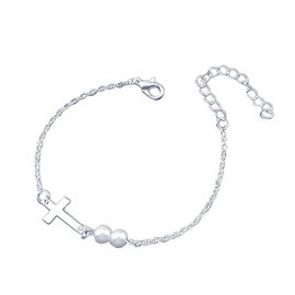 Yienate Unique Tiny Cross Pearl Bracelets Chain Silver Hand Chain Hand Harness Dainty Pearl Link Cross Slave Bracelets for Women and Girls