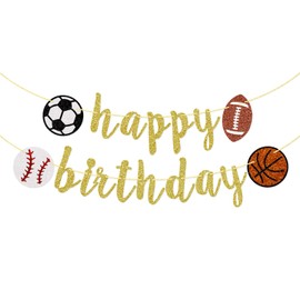 Sports Happy Birthday Banner, Glitter Sports Birthday Banner, Football, Baseball, Soccer, Basketball (Gold)