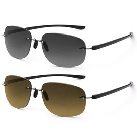 PEEPAI 2 Pairs Bifocal Reading Glasses Outdoor UV Protection Sunglasses Rimless Computer Anti Blue Light Glare Tinted Sun Readers Far and Near Dual Use Eyewear for Men Women 2.0