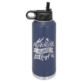Adventure Awaits Water Bottle | Insulated Water Bottles | Laser Engraved Water Bottle | Stainless Steel Water Bottle with Straw (40 oz, Navy)