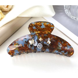 Wenlly butterfly rhinestones hair claw clip, 3.94 Inch cellulose acetate hair jaw clip, non-slip strong hair barrette, hair accessory, 1 piece, blue coffee
