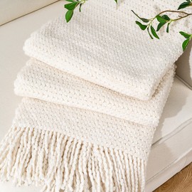 BATTILO HOME White Throw Blanket for Couch, Lightweight Cream Knitted Throw for Sofa Bed Home Decor Textured Soft Cozy Throw with Tassels Suitable All Seasons 50"x60"