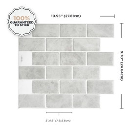 Smart Tiles - Peel and Stick Backsplash - Subway Fondi Light Grey, Marble - 10 Sheets of 10.95" x 9.70" - 3D Stick on Tiles for Kitchen and Bathroom Backsplashes