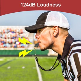 Referee Whistle with Cushioned Mouth Grip & Elastic Lanyard Ultra-Loud Football & Sports Whistles for Coaches, Teachers, Referees (Pea-Less Design, Black)